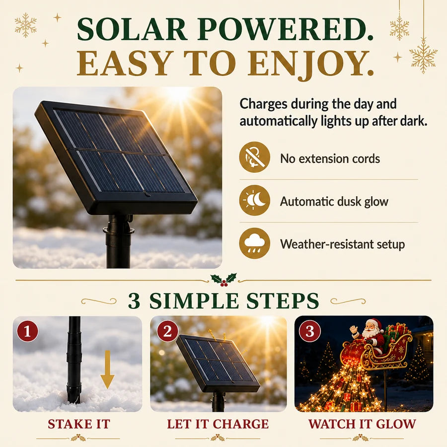 Clausora – Solar-Gartenleuchte mit Weihnachtsmann im dekorativen Schlitten