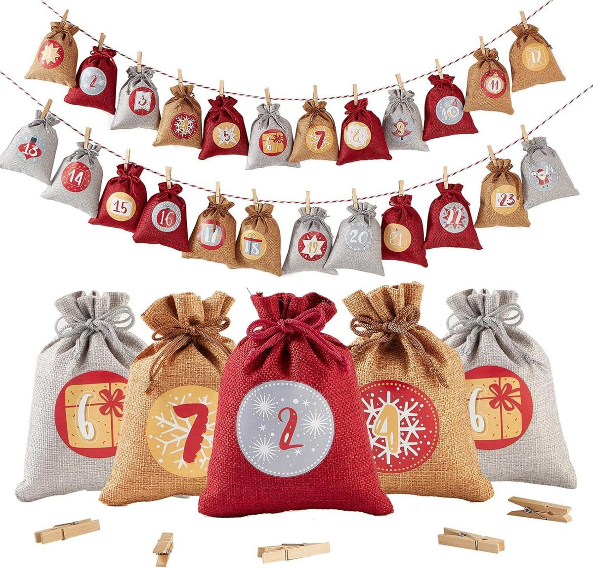 Giftvexa – 24 nummerierte Geschenksäckchen mit Aufhängeschnur zum Befüllen