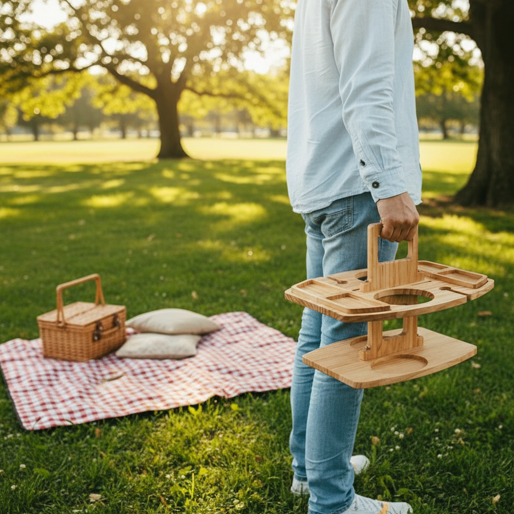 COUNTRYPLATE – Picknicktisch aus Holz mit geteilten Fächern für besondere Weinmomente