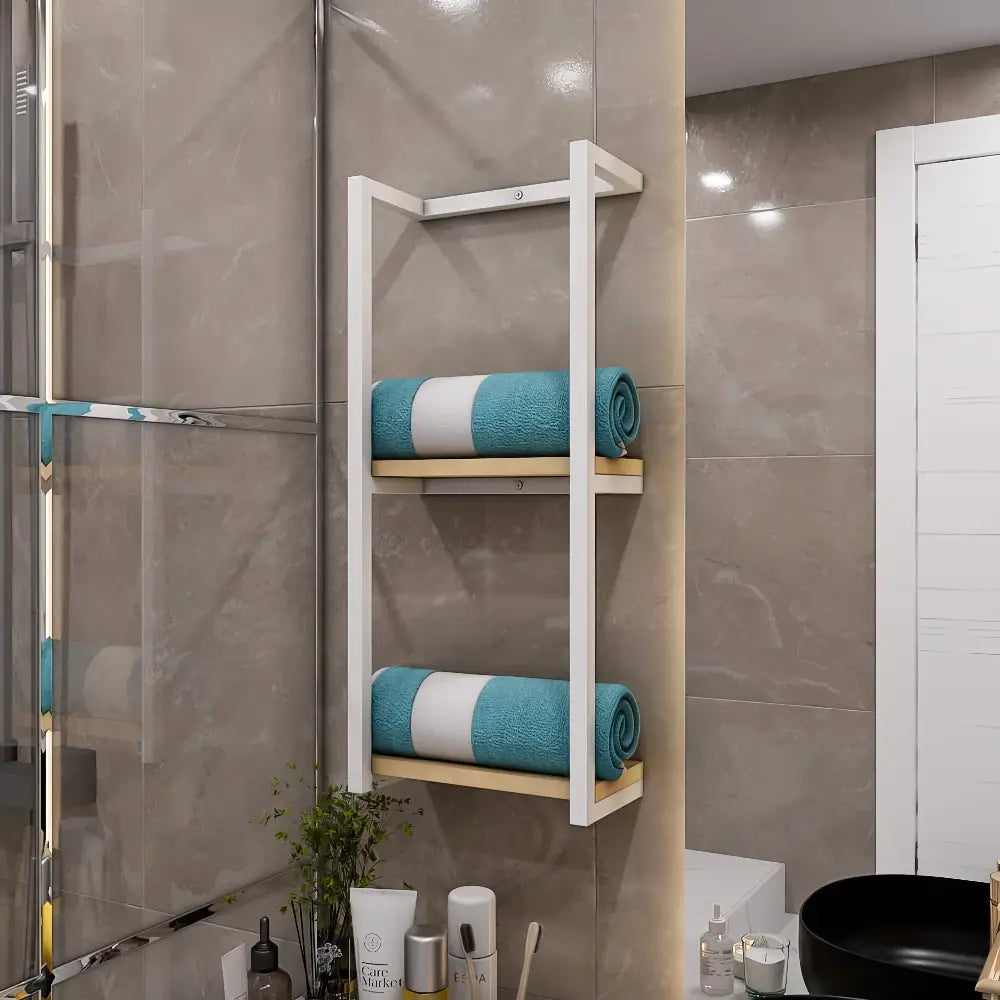 Zweistöckiges Badezimmerregal - Natürliches Holzdesign
