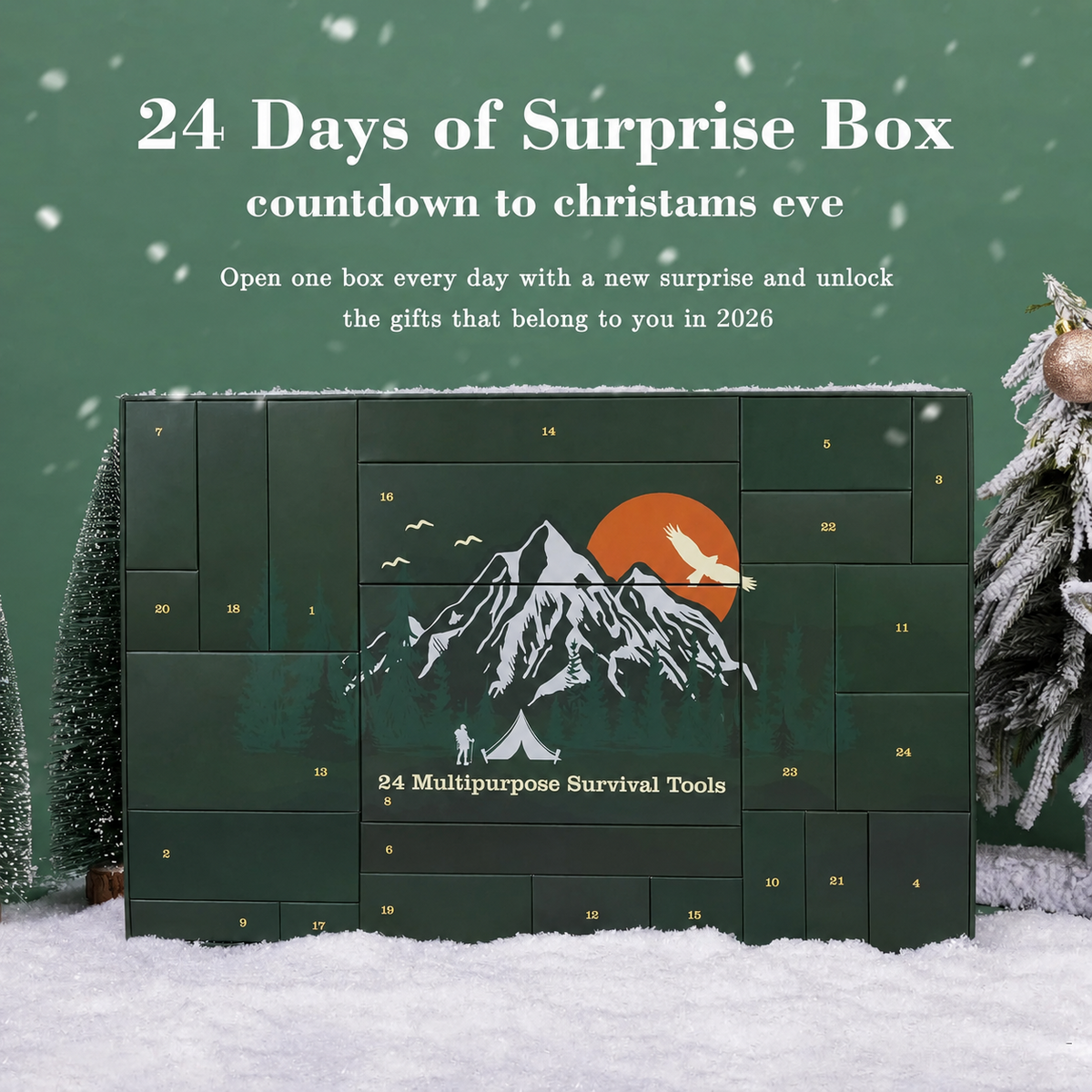 Campnora – Grüner Survival-Adventskalender mit 24 Einzelfächern