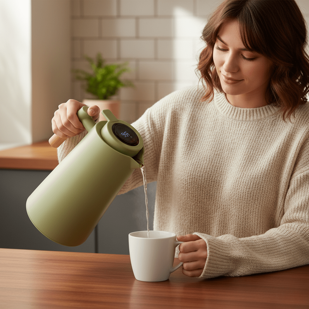LATTEA THERMO – Doppelwandige Thermoskanne mit Temperaturanzeige und Holzgriff
