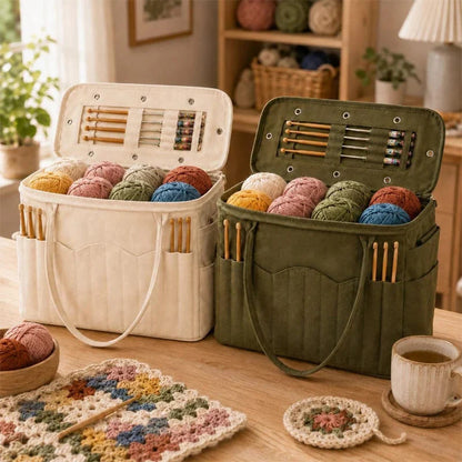 Yarnkeeper – Stricktasche mit Metall-Fadenführungsringen und mehreren Staufächern