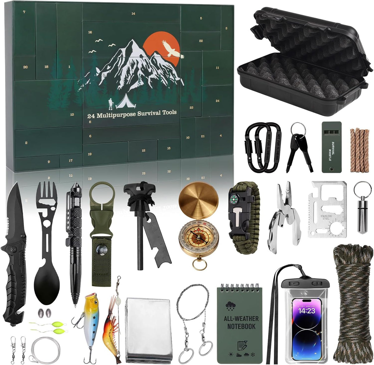 Campnora – Grüner Survival-Adventskalender mit 24 Einzelfächern