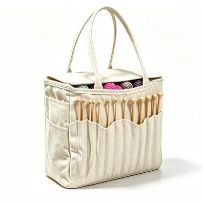 Yarnkeeper – Stricktasche mit Metall-Fadenführungsringen und mehreren Staufächern