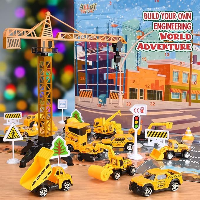 Roadnivo – Baufahrzeug-Adventskalender mit Miniaturfahrzeugen und Verkehrsschildern