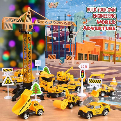 Roadnivo – Baufahrzeug-Adventskalender mit Miniaturfahrzeugen und Verkehrsschildern