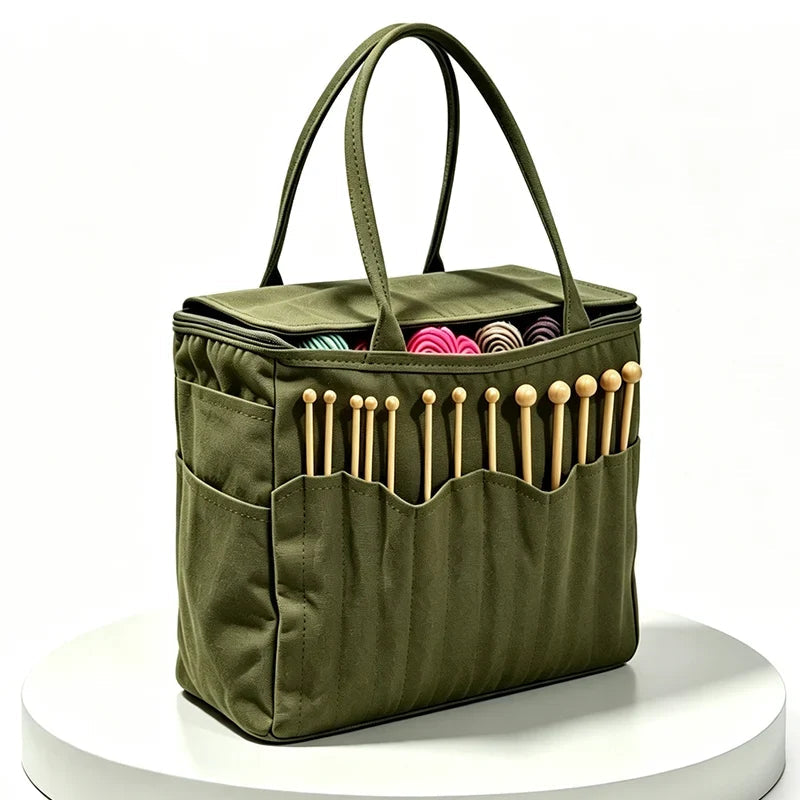 Yarnkeeper – Stricktasche mit Metall-Fadenführungsringen und mehreren Staufächern