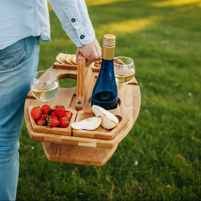 COUNTRYPLATE – Picknicktisch aus Holz mit geteilten Fächern für besondere Weinmomente