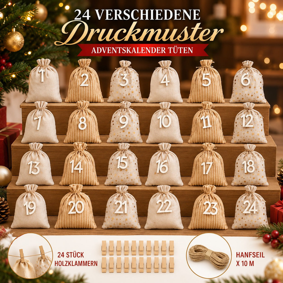 Giftloop – DIY-Adventskalender mit 24 nummerierten Säckchen zum Befüllen