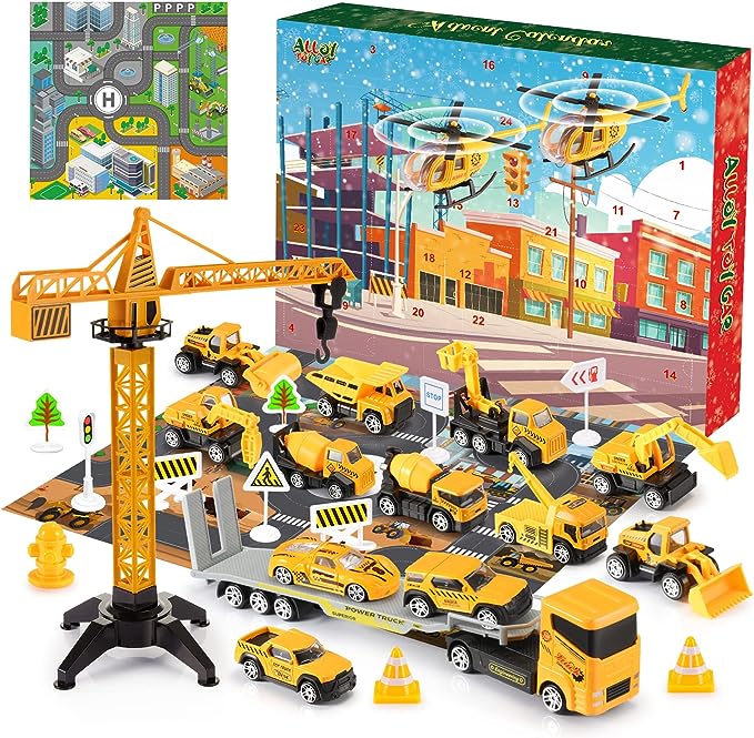 Roadnivo – Baufahrzeug-Adventskalender mit Miniaturfahrzeugen und Verkehrsschildern