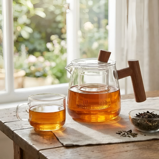 TeeGlas – Transparente Glasteekanne mit Bambusoptik-Griff und Integriertem Teesieb
