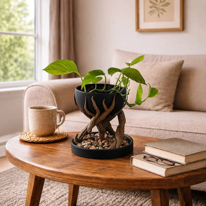 Leafbase – Blumentopf mit gedrehtem Sockel und Ablaufschale