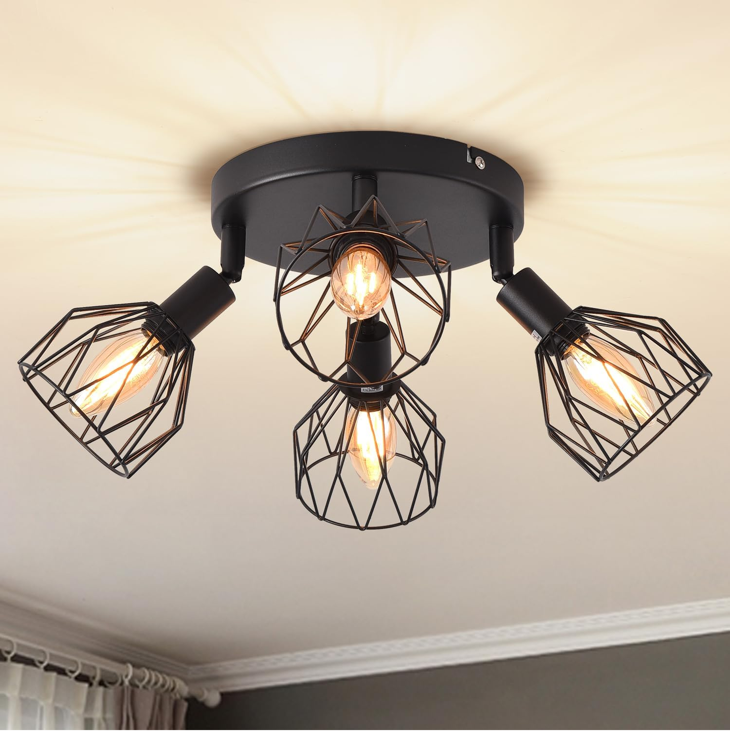 IndustrieLeuchte - Schwarze Retro Deckenlampe mit vier Spots